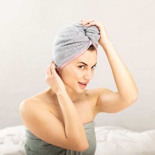 Set 2 Turbane de par unisex Homelevel, Universal, Roz / Gri, Bumbac organic, 54863.22.02