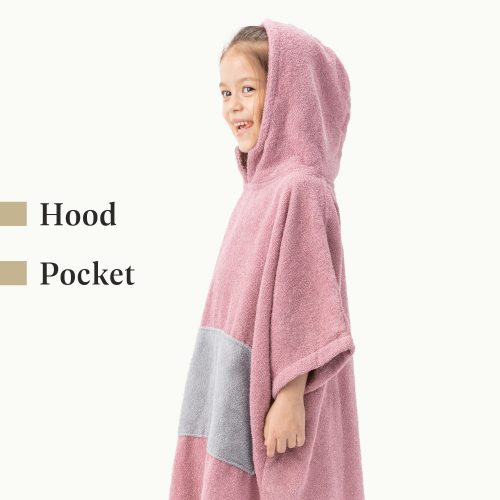 Poncho de baie pentru copii Homelevel, 6-9 ani, Roz / Gri, Bumbac organic, 54880.10.42
