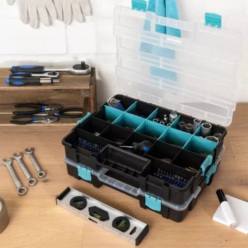 Set 2 organizatoare piese Navaris, 37.5x29x13.4 cm, separatoare reglabile, cleme, negru, plastic