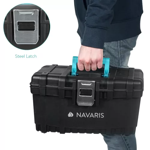 Cutie scule Navaris 16 inch, 40.6x23.8x22 cm, inchidere otel, tava detasabila, 19L, negru, otel
