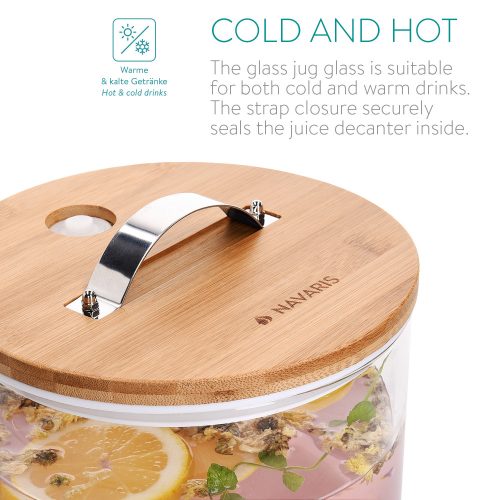 Dozator bauturi Navaris, din sticla borosilicata, 5L, robinet inox si suport din bambus, pentru bauturi calde si reci,Transparent