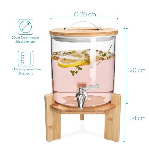 Dozator bauturi Navaris, din sticla borosilicata, 5L, robinet inox si suport din bambus, pentru bauturi calde si reci,Transparent