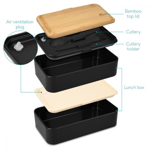 Set 2x Cutie pranz Bento Box cu tacamuri si capac din bambus, 47407.01.01