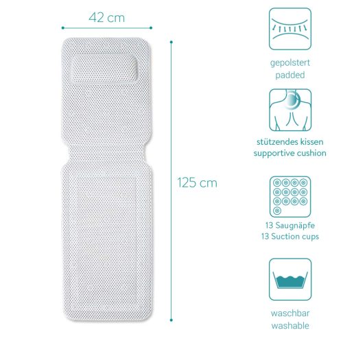 Saltea baie Navaris, 125x42 cm, perna pentru cada cu 13 ventuze antiderapante, alb, poliester