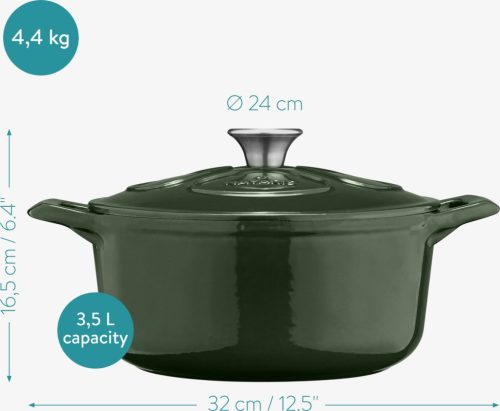 Oala antiaderenta din fonta Navaris pentru plite/cuptoare - 24 cm - 3,5 l - Verde inchis, 48777.01.80