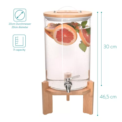 Dozator bauturi Navaris, din sticla borosilicata, 7L, robinet inox si suport din bambus, pentru bauturi calde si reci,Transparent