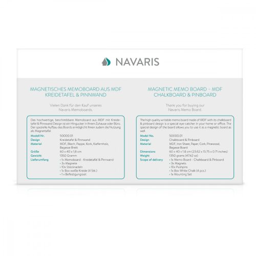 Tabla magnetica combinata cu creta si pluta Navaris, 60 x 40 cm, 50000.01