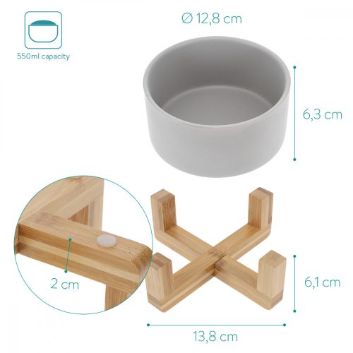 Set 2 Boluri pentru pisici si caini cu suport din bambus Navaris, 550 ml, Gri, 48350.1.22
