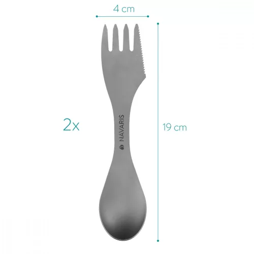 Set 2 x Spork 3-in-1 din titan pentru camping Navaris, Furculita, Lingura, Cutit, 51390.02