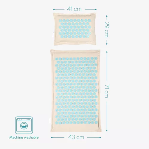 Set saltea si perna presopunctura Navaris, 71x43x3 cm, fibre naturale, bej/albastru, bumbac/plastic