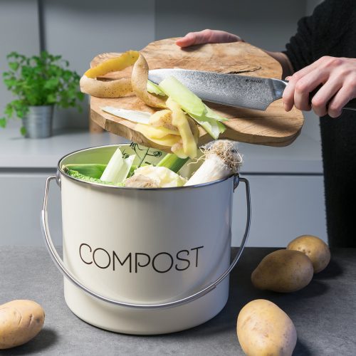 Cos de compost Navaris, 5 L, cu maner si filtru carbon activ, pentru bucatarie, crem, metal