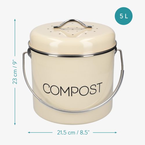 Cos de compost Navaris, 5 L, cu maner si filtru carbon activ, pentru bucatarie, crem, metal