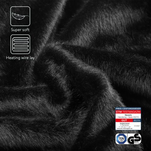 Patura electrica Navaris, blana sintetica supercosy, 180x130 cm, negru/gri, poliester