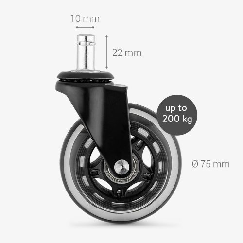 Set 5 Roti pentru scaun de birou tija 10mm/75mm, Rotabile la 360°, Kwmobile, 53129.01