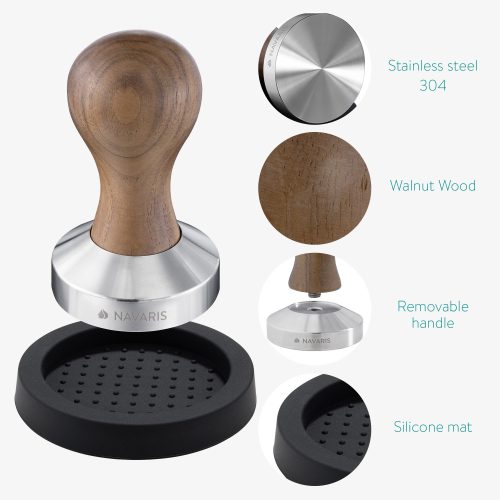 Set Latiera din inox si tamper cu maner din lemn de nuc Navaris, 51 mm, Covoras, 53238.01.02