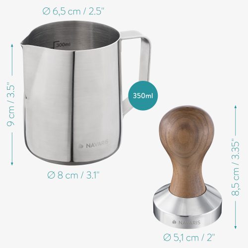 Set Latiera din inox si tamper cu maner din lemn de nuc Navaris, 51 mm, Covoras, 53238.01.02