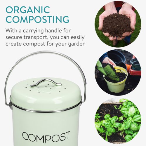 Cos compost Navaris, 3 filtre carbune activ, 5L, maner transport, bucatarie, verde menta, verde, otel