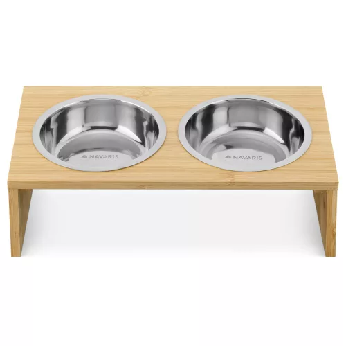 Set 2 Boluri pentru pisici si caini cu suport din bambus Navaris, 400 ml, Maro, 54489.01