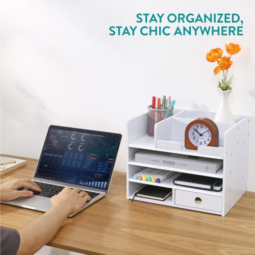 Organizator birou cu sertare Navaris, 33x24x26 cm, auto-asamblare, alb, bambus