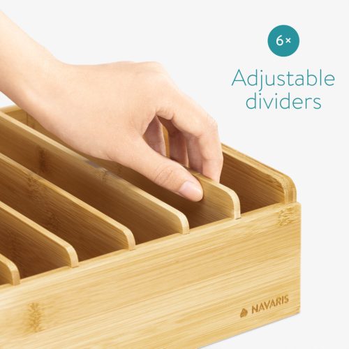 Organizator capace reglabil Navaris, 6 separatoare, 30x25x9 cm, sertar sau blat, maro, bambus