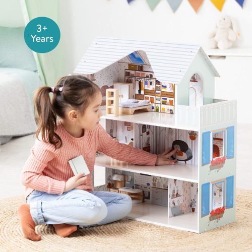 Casa de papusi din lemn Navaris, cu 3 etaje, cu mobilier si accesorii, 5 camere si balcon, 69.5x62x27 cm, 55376.01