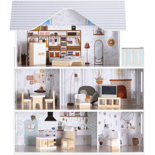 Casa de papusi din lemn Navaris, cu 3 etaje, cu mobilier si accesorii, 5 camere si balcon, 69.5x62x27 cm, 55376.01
