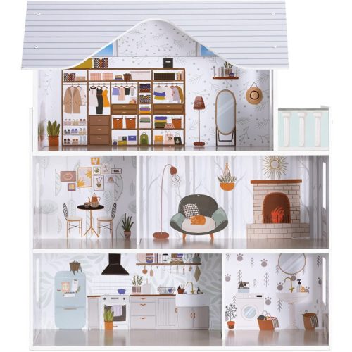 Casa de papusi din lemn Navaris, cu 3 etaje, cu mobilier si accesorii, 5 camere si balcon, 69.5x62x27 cm, 55376.01