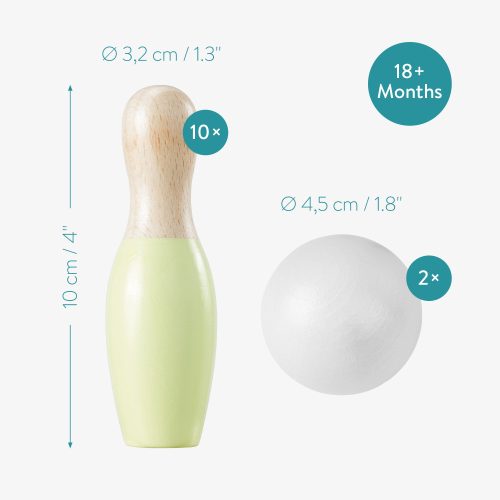 Joc de bowling pentru copii Navaris cu 10 popice si 2 mingi din lemn, 56354.01