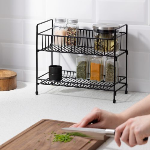Raft condimente Navaris, 2 niveluri pliabil, 30x26x14.5 cm, blat bucatarie, negru, metal