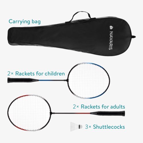 Set rachete badminton Navaris, 4 rachete 65.5/54 cm, 3 fluturasi, geanta, multicolor, metal/plastic