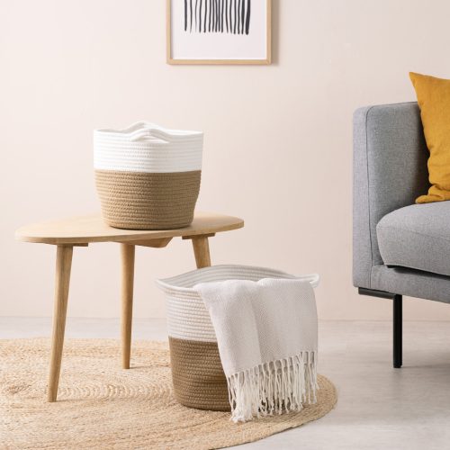 Set 2 cosuri depozitare Navaris, design coarda, 29.5x31 cm si 22x23 cm, alb/crem, bumbac