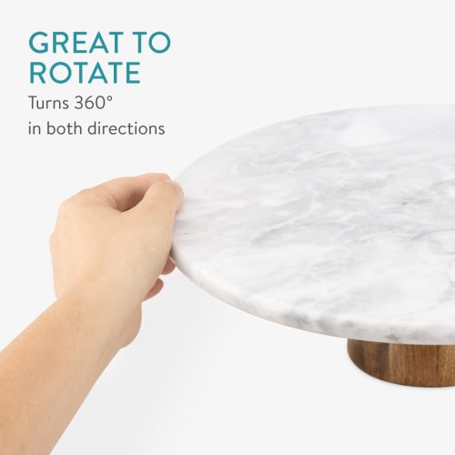 Suport tort rotativ Navaris, 30 cm, baza lemn acacia, decorare si servire, marmura/lemn, alb, lemn