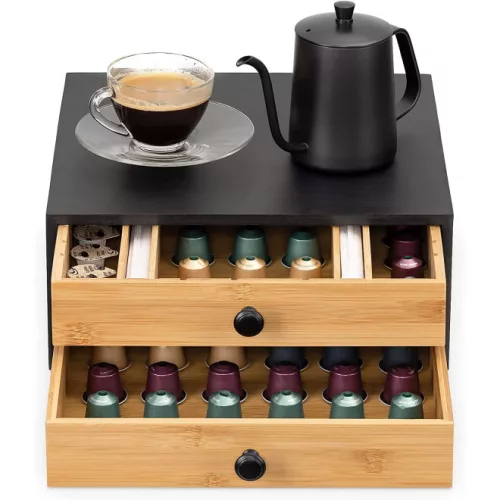 Suport capsule cafea din bambus Navaris cu 2 sertare, maro/negru, 58292.01
