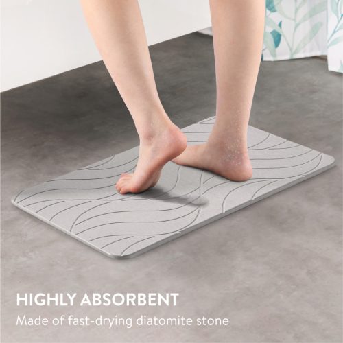 Covoras baie piatra diatomita Navaris, uscare rapida, 60x39 cm, antiderapant, ivoriu, negru, piatra