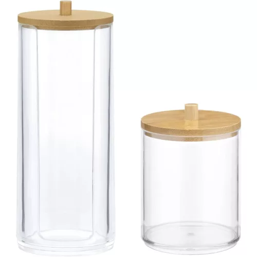 Organizator cosmetice, dischete demachiante si betisoare urechi, transparent, 2 compartimente, plastic/bambus, Navaris, 59140.03