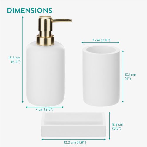 Set accesorii baie Navaris, 3 piese, suport periute, dozator si savoniera, polirasina, alb, rasina