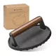 Presa burger Navaris rotunda, 17.5x17.5x6.5 cm, maner din lemn, searing uniform, fonta, negru, lemn