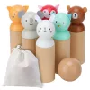 Set bowling animale din lemn Navaris, 6 popice + bila, 13.6x4 cm, geanta textila, multicolor, lemn