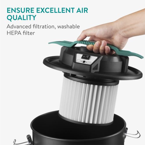 Aspirator pentru cenusa Navaris, cu roti, 20 L, 1000 W, filtru HEPA, 27x27x49 cm, negru, otel