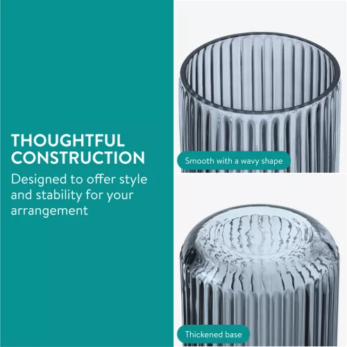 Vaza ribbed Navaris, 11.5x25 cm, cilindrica, pentru flori si decor, gri, sticla