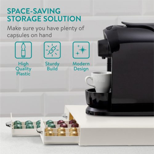 Organizator capsule cafea Navaris, 3 sertare, 48 capsule, 34.2x6.5x32.5 cm, alb, plastic