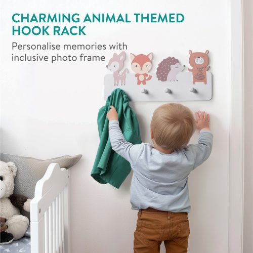 Cuier perete copii Navaris, tematica animale, 4 agatatori, 40x18x4 cm, multicolor, MDF