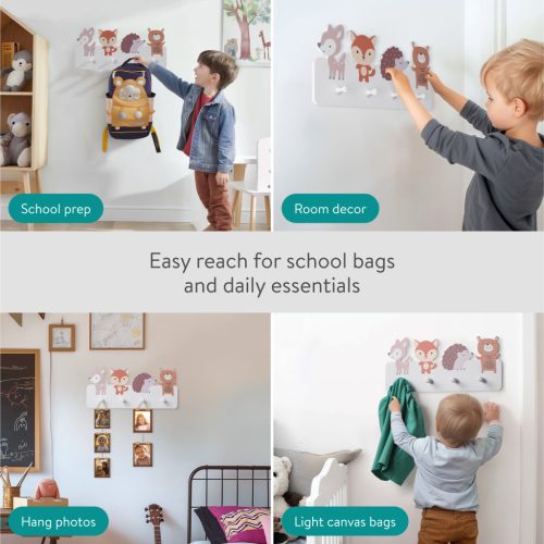 Cuier perete copii Navaris, tematica animale, 4 agatatori, 40x18x4 cm, multicolor, MDF