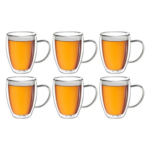 Set 6 cani termice Creano cu maner, 250 ml, sticla borosilicata, perete dublu