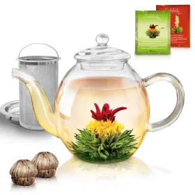   Ceainic din sticla Creano, 1 L, cu infuzor din inox, capac si 2 flori de ceai