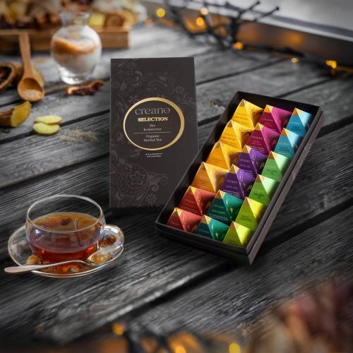 Set cadou ceai de plante Creano Organic Herbal Tea, 18 plicuri piramida cu 9 varietati, 45 g, fara cofeina