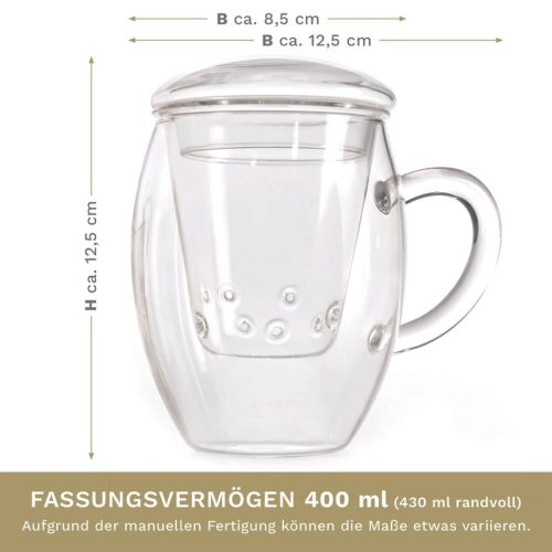 Pahar pentru ceai Creano All-In-One, 400 ml, filtru si capac din sticla, borosilicat
