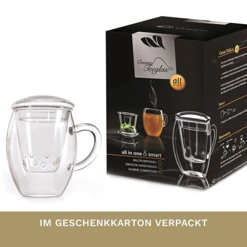 Pahar pentru ceai Creano All-In-One, 400 ml, filtru si capac din sticla, borosilicat