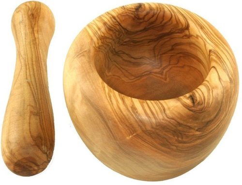 Mojar din lemn de maslin cu pistil, diametru 14 cm, inaltime 9-10 cm